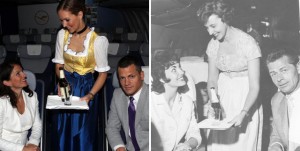 昨年伝統的衣装を着用したルフトハンザの客室乗務員(左)と1957年当時の写真(同社提供)