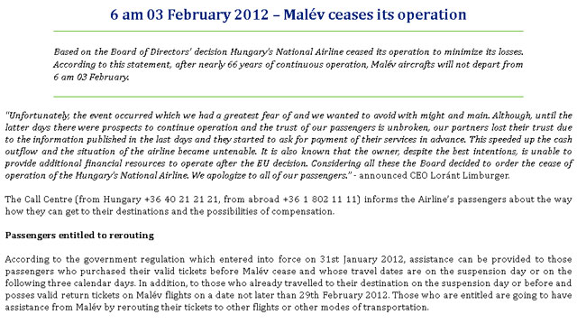 マレブ・ハンガリー航空、運航停止