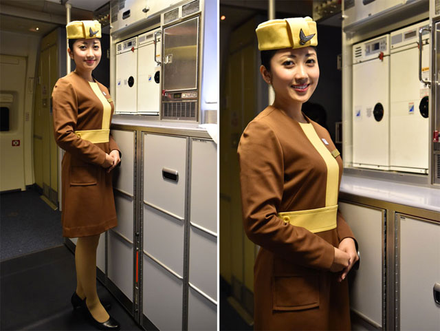 ANAの歴代CA制服フライト、シェフが機内でパフェ盛り付け 国際線30周年