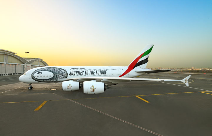 エミレーツ航空、A380にドバイ未来博物館描く 特別デザイン機就航
