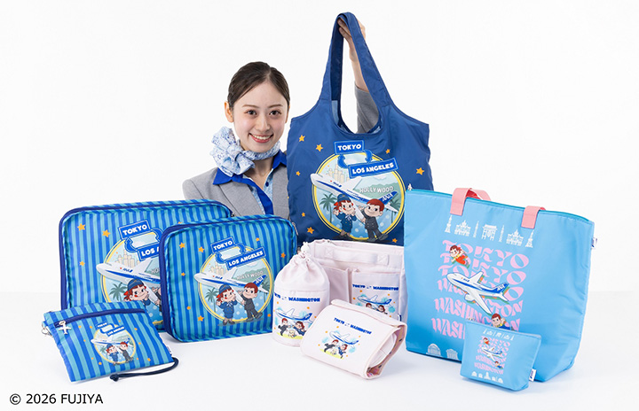 応援グッズ peco ANA、国際線40周年で制服CAペコちゃんグッズ パッカブルエコバッグなど